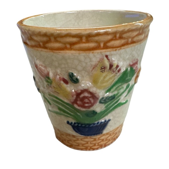 Unbranded Other - MAJOLICA Japanese Drinking Cup Basket Weave Flowers